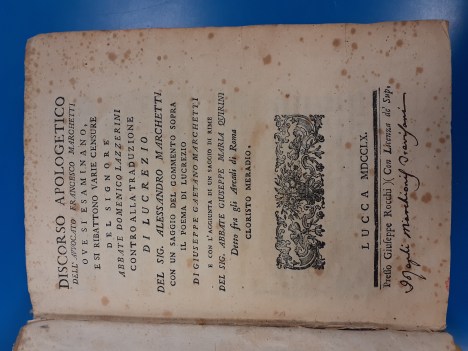 discorso apologetico ove si esaminano e ribattono censure contro Lucrezio 1760